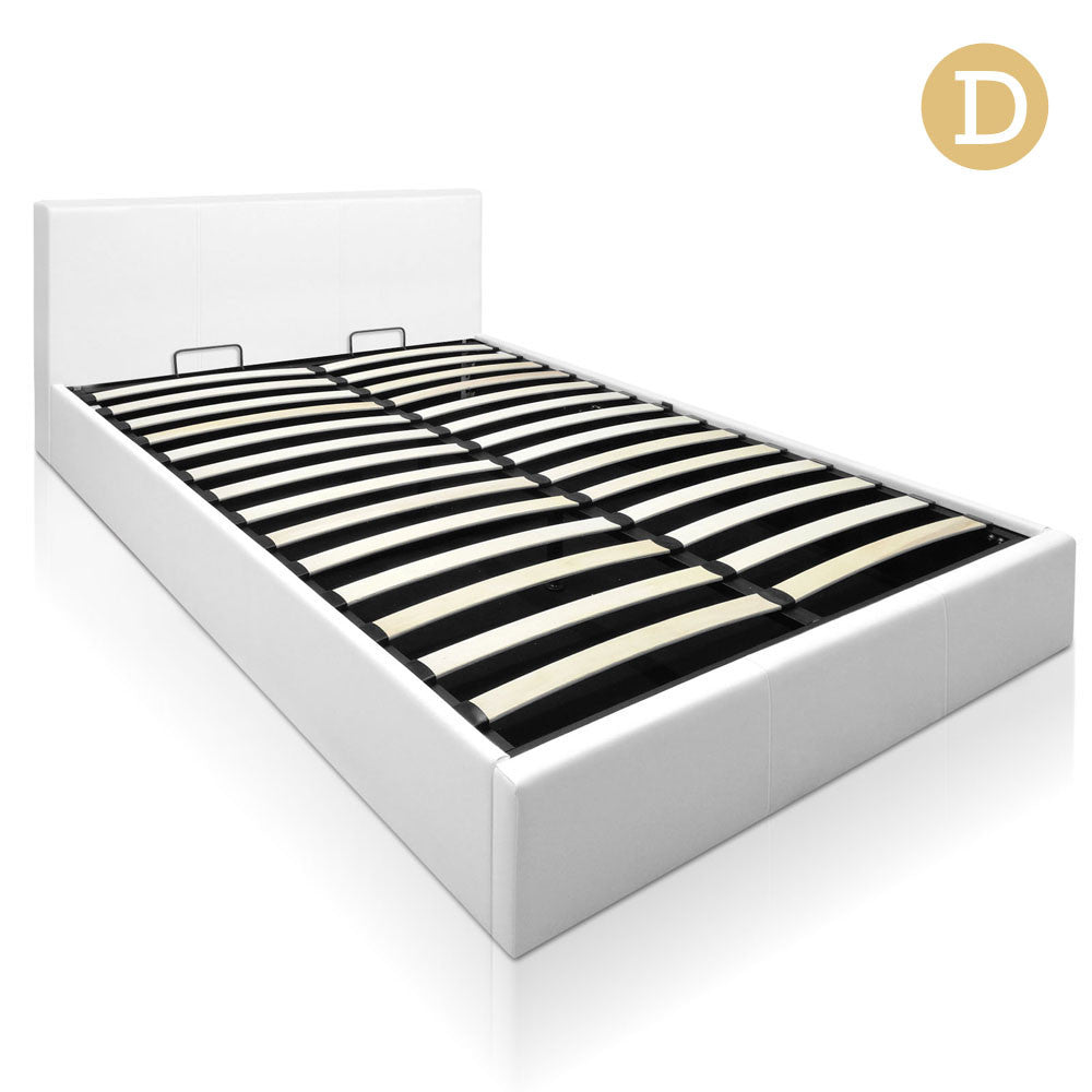 Deluxe Gas Lift PU Leather Storage Bed Frame Double White