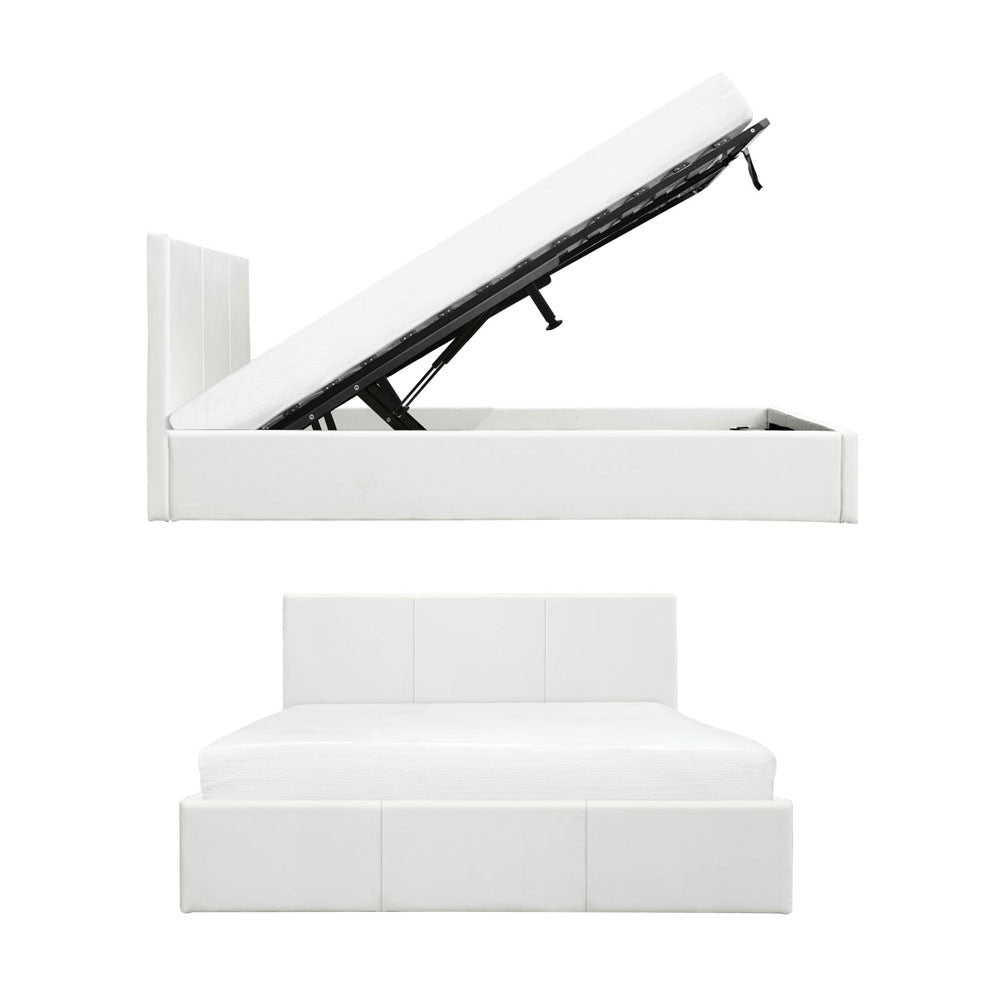 Deluxe Gas Lift PU Leather Storage Bed Frame Double White