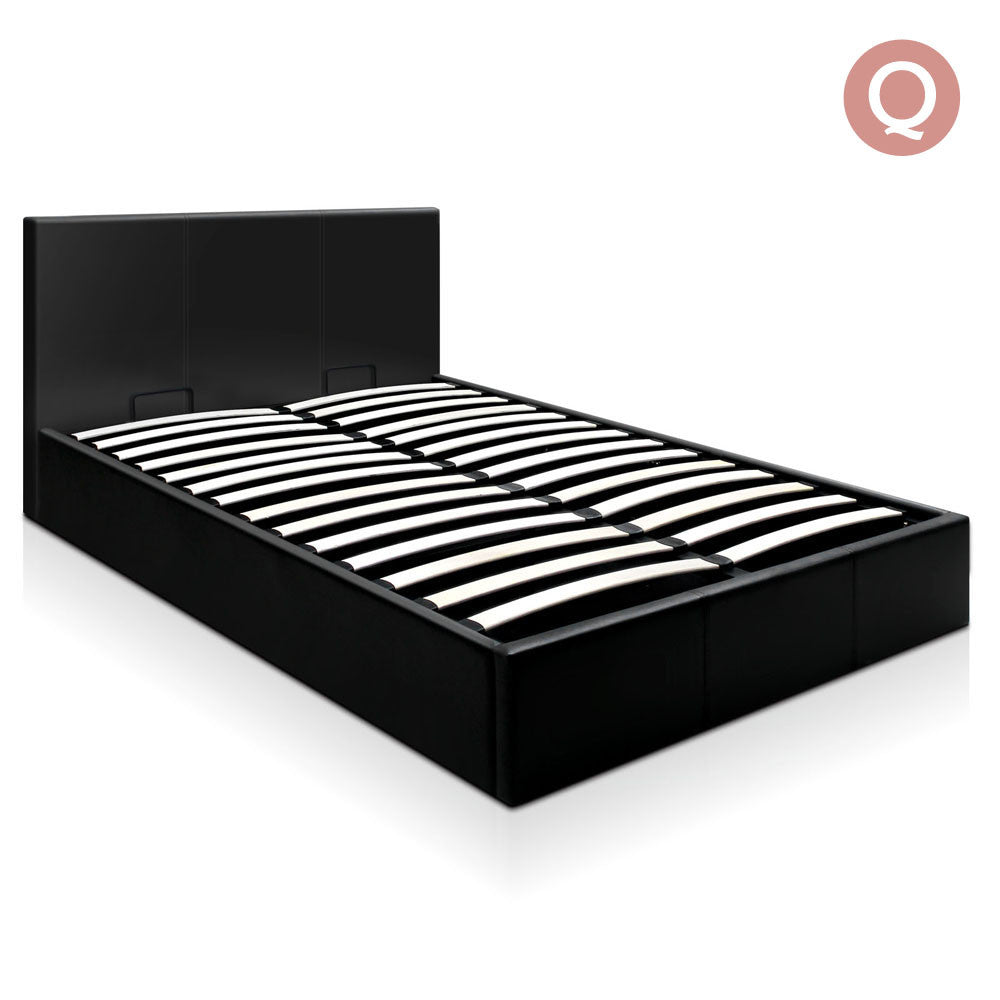 Deluxe Gas Lift PU Leather Storage Bed Frame Queen Black