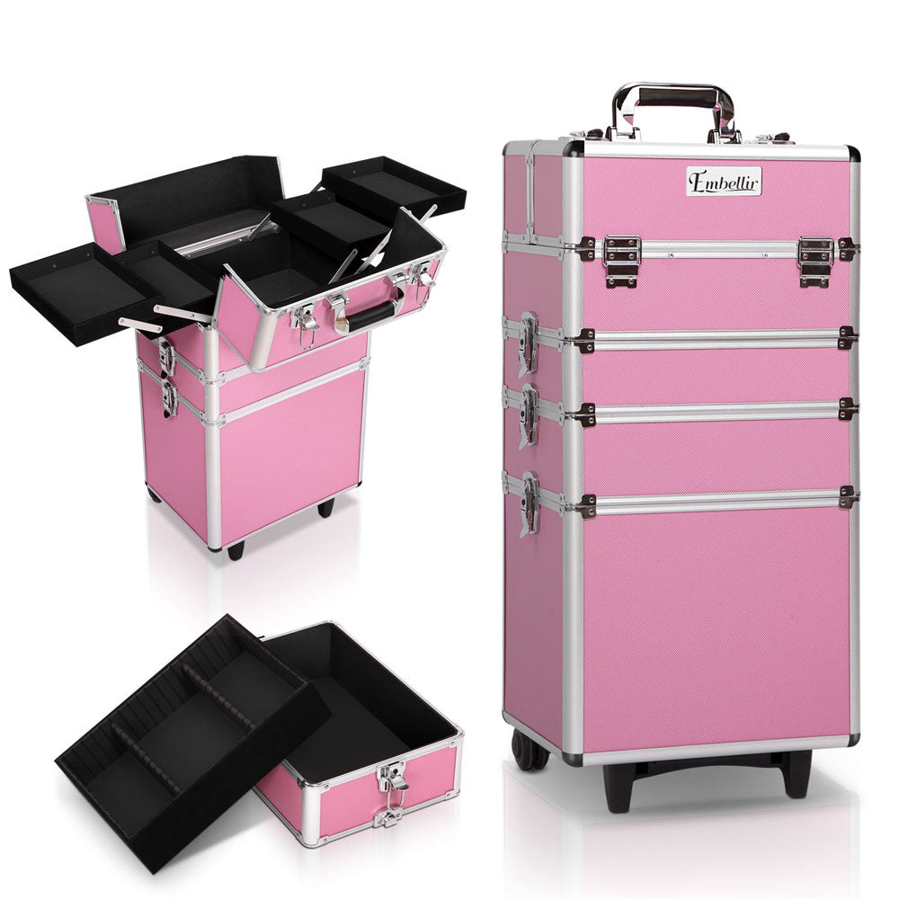 7 in 1 Portable Beauty Make up Cosmetic Trolley Case Pink