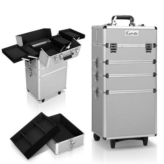 7 in 1 Portable Beauty Make up Cosmetic Trolley Case Silver