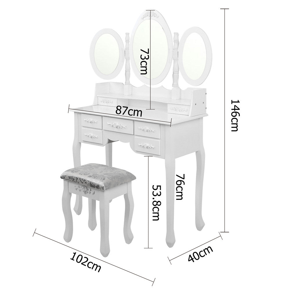 7 Drawer Dressing Table w/ Mirror White