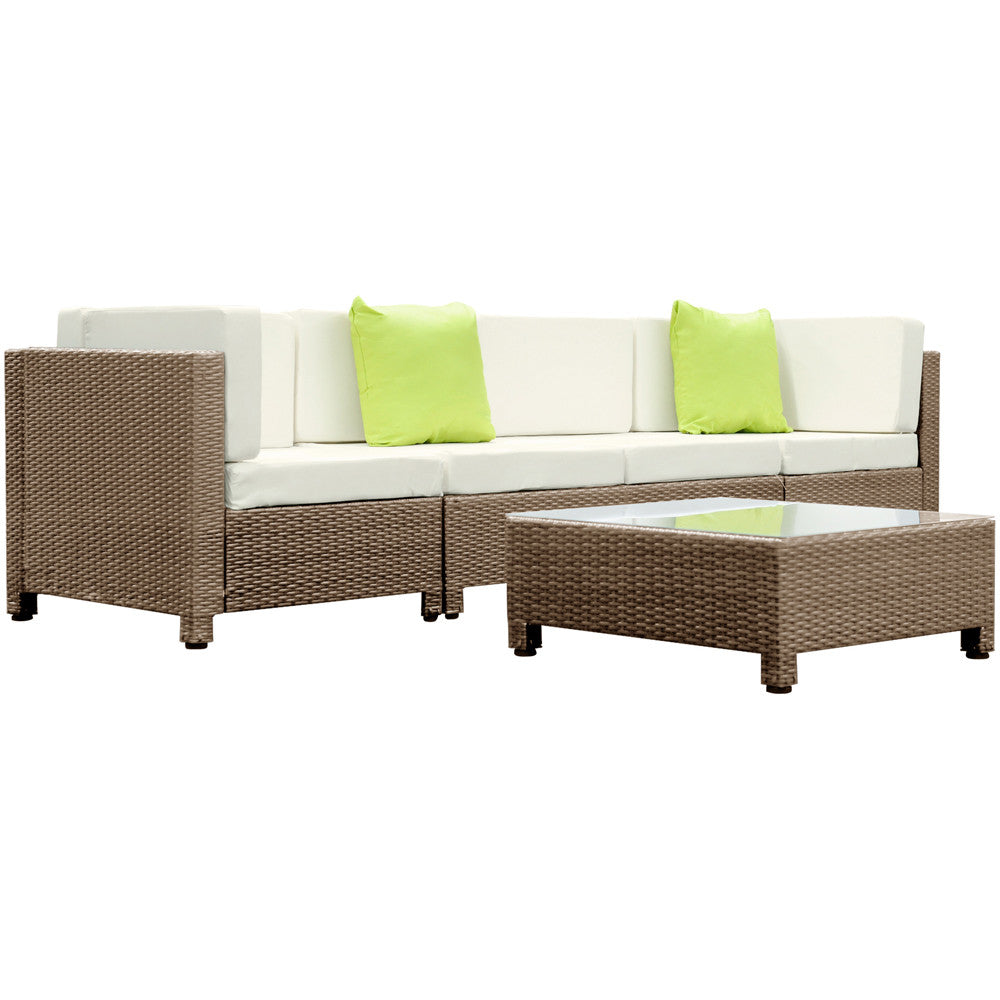 5 pcs Brown Wicker Rattan 4 Seater Outdoor Lounge Set Beige