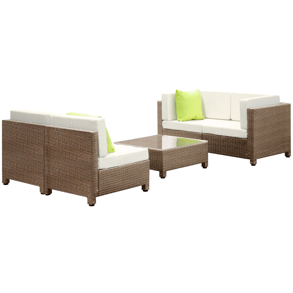 5 pcs Brown Wicker Rattan 4 Seater Outdoor Lounge Set Beige