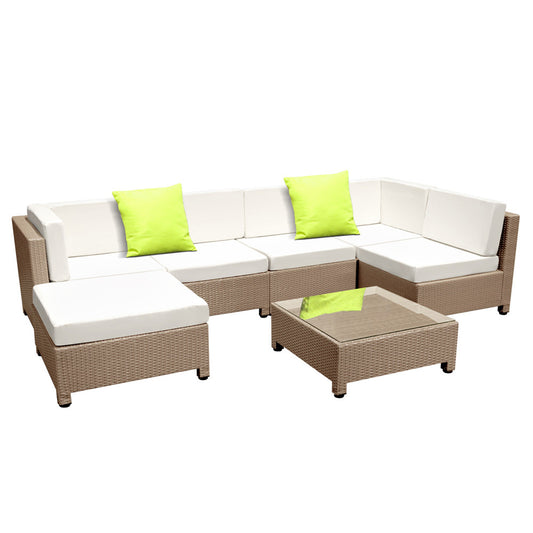 7 pcs Brown Wicker Rattan 6 Seater Outdoor Lounge Set Beige