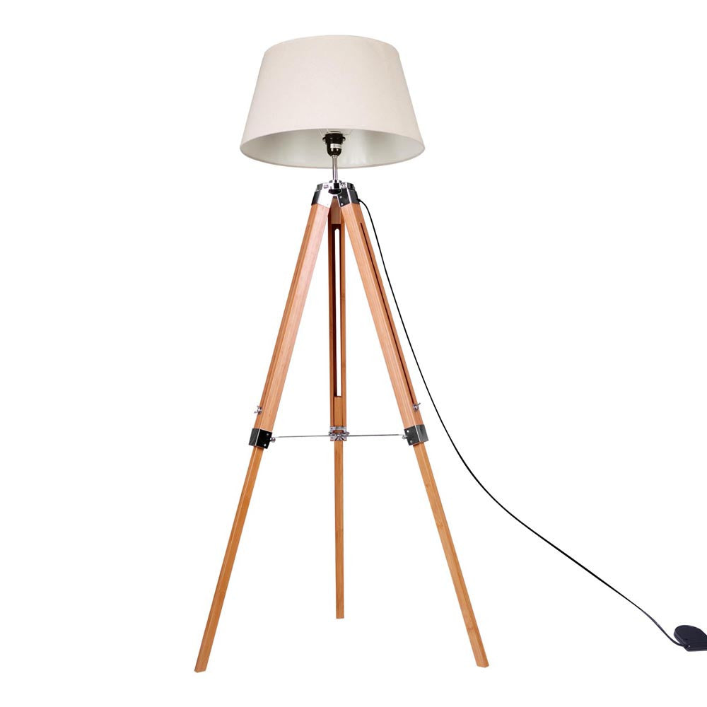 Floor Lamp Wooden Tripod Beige Linen Shade Bamboo Brown