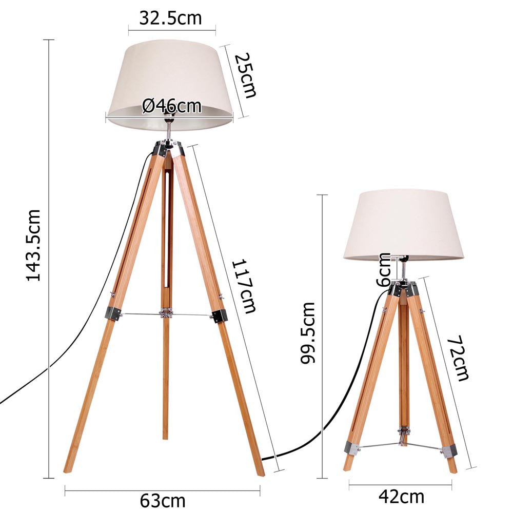 Floor Lamp Wooden Tripod Beige Linen Shade Bamboo Brown