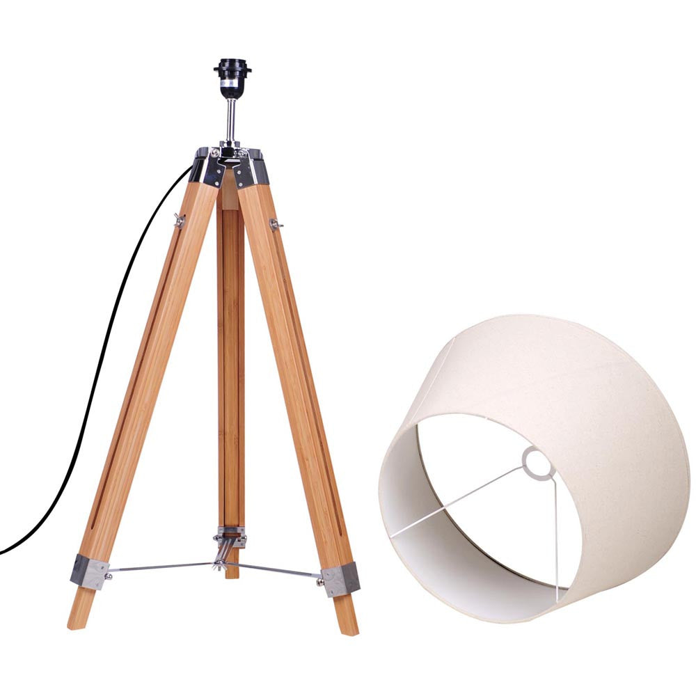 Floor Lamp Wooden Tripod Beige Linen Shade Bamboo Brown