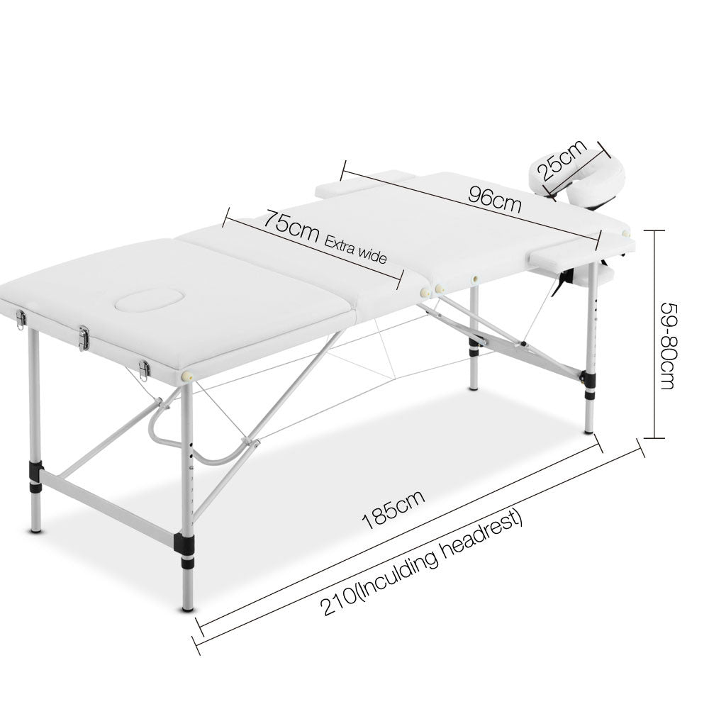 Portable Aluminium 3 Fold Massage Table Chair Bed White 75cm