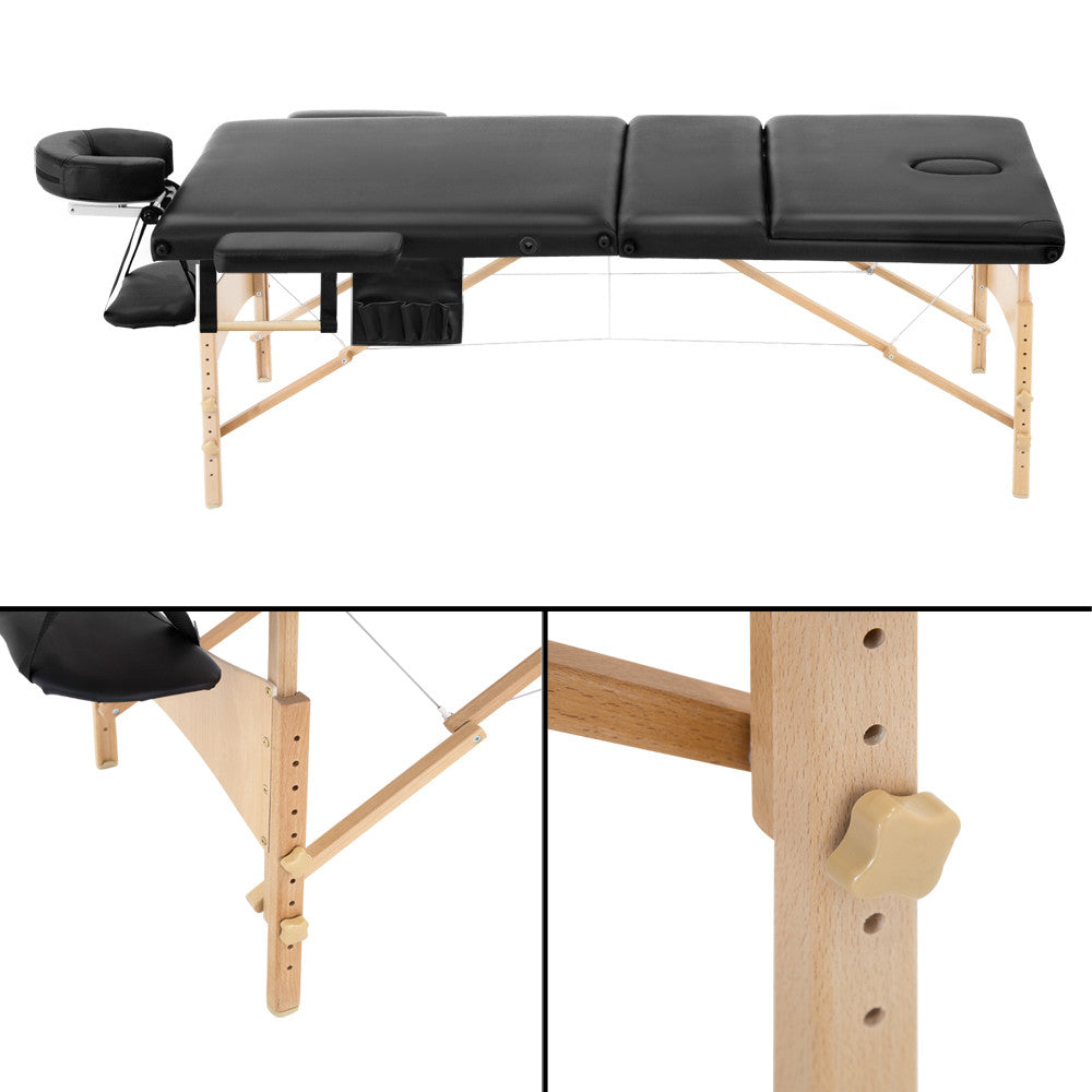 Portable Wooden 3 Fold Massage Table Chair Bed Black 70 cm