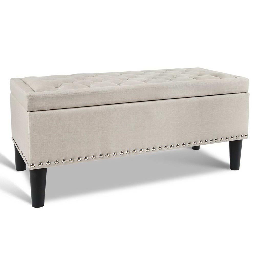 Linen Fabric Storage Ottoman with Studs – Taupe