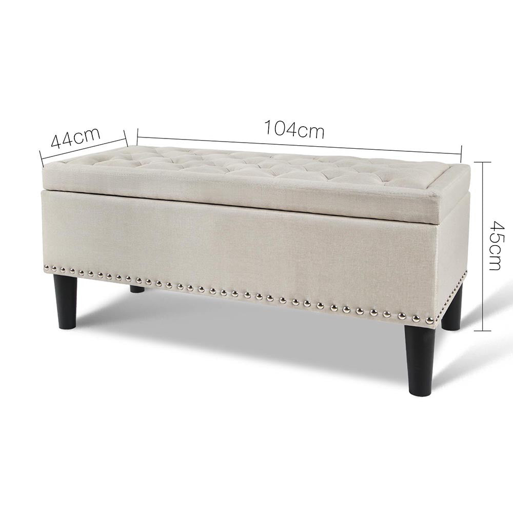 Linen Fabric Storage Ottoman with Studs – Taupe