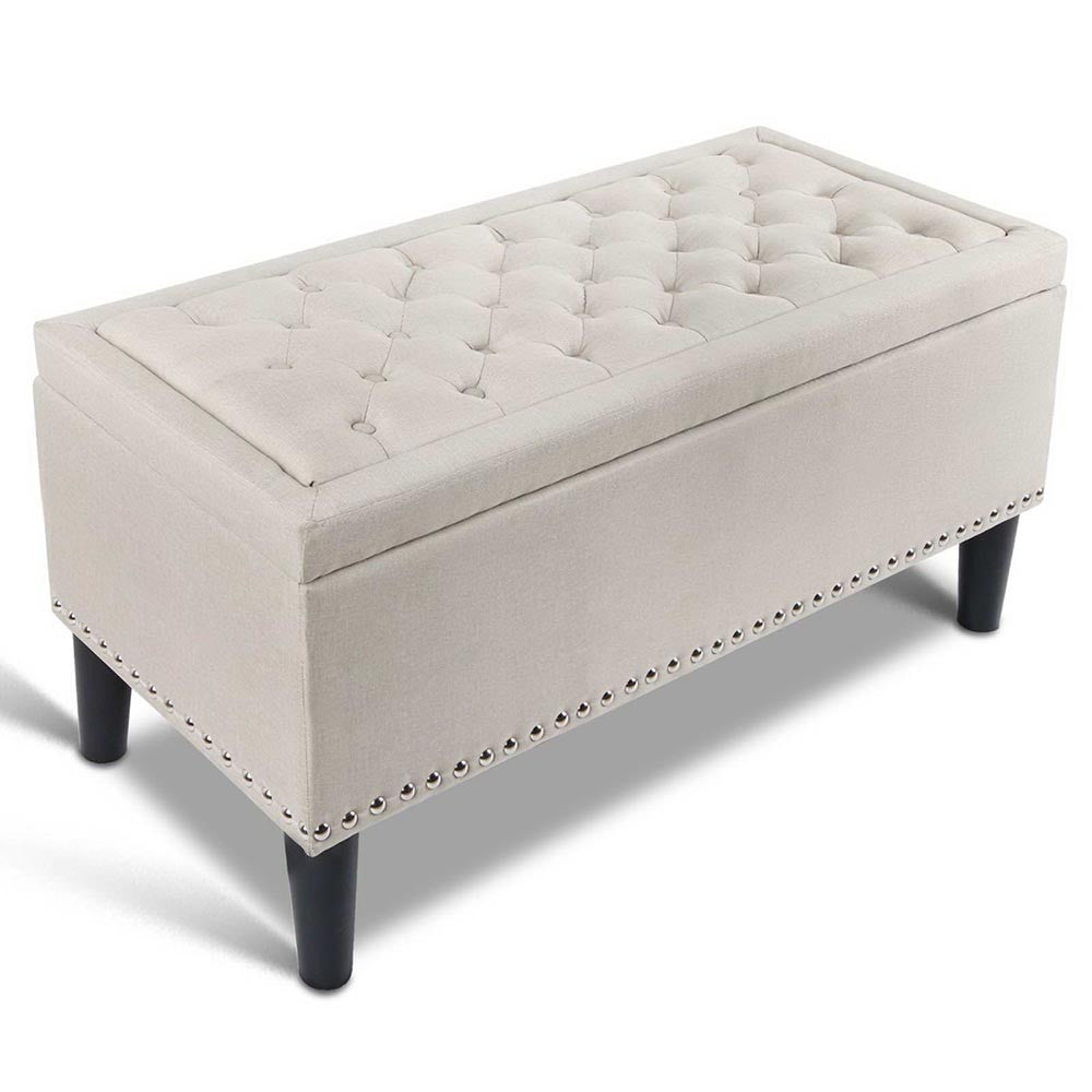 Linen Fabric Storage Ottoman with Studs – Taupe