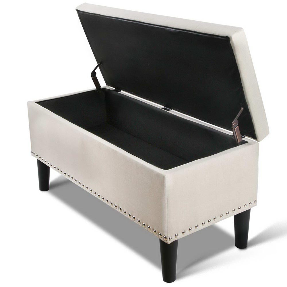 Linen Fabric Storage Ottoman with Studs – Taupe