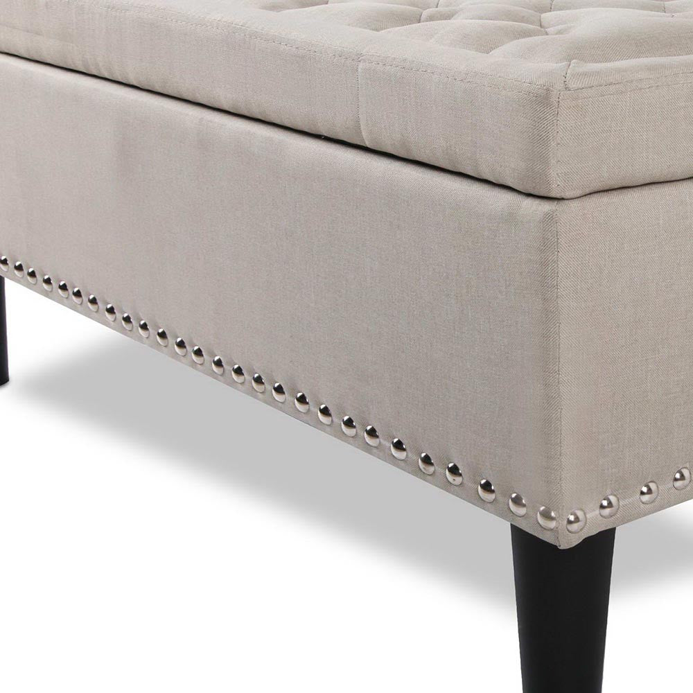 Linen Fabric Storage Ottoman with Studs – Taupe