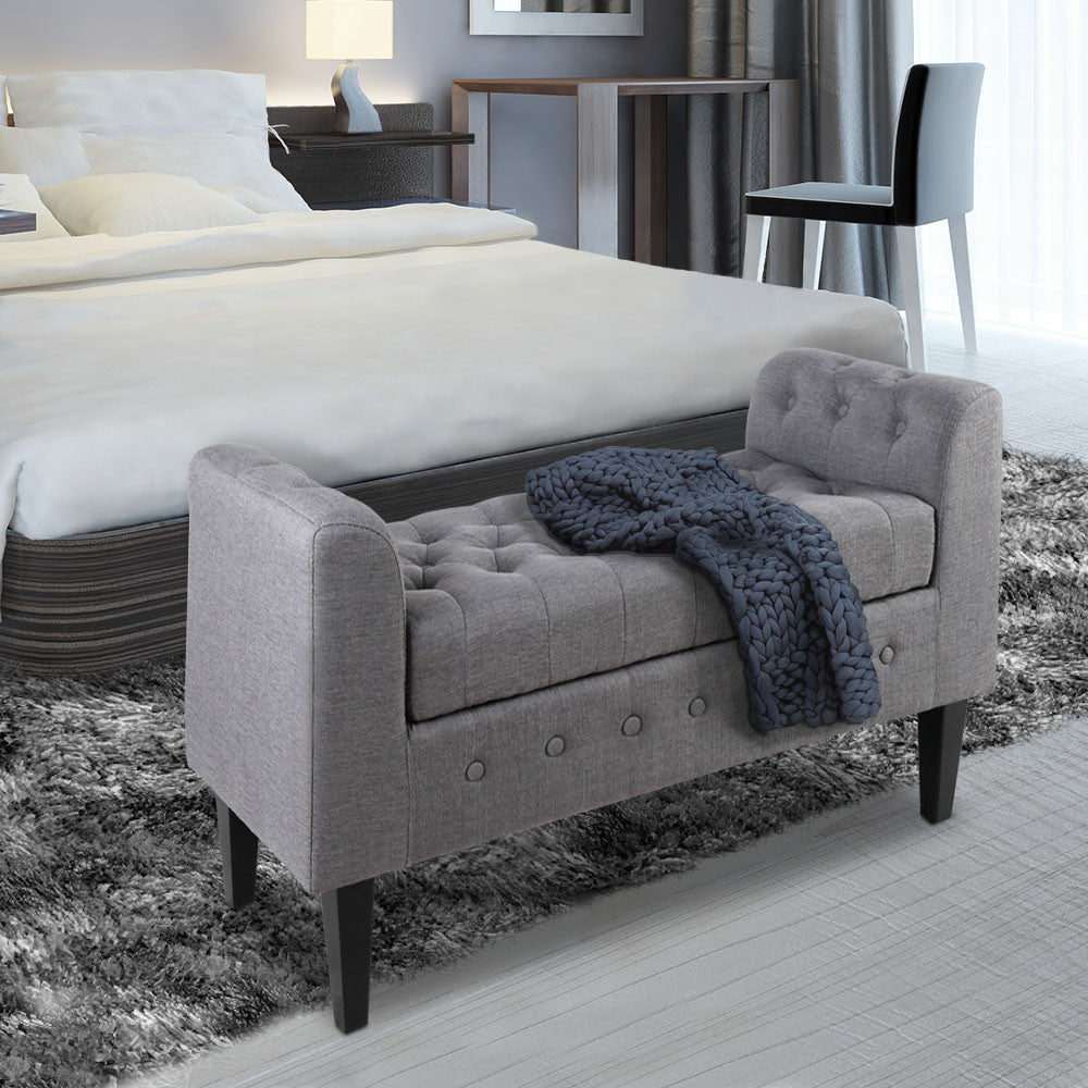 Linen Fabric Storage Ottoman - Grey