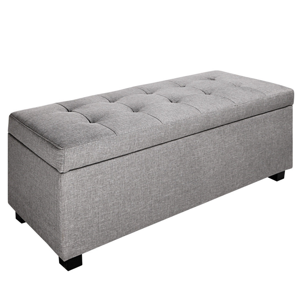 Faux Linen Ottoman Storage Foot Stool Large Light Grey