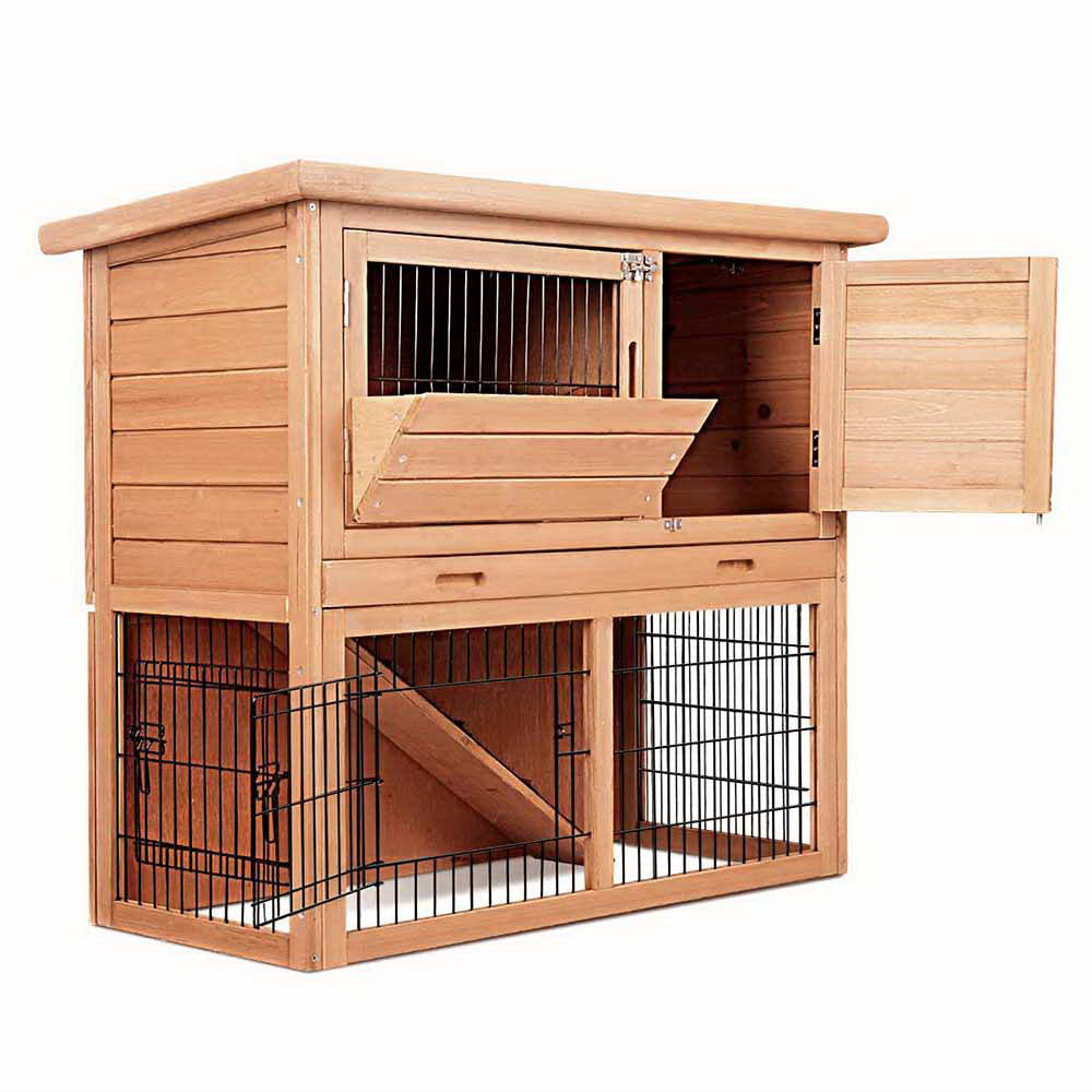 Rabbit Hutch Chicken Coop Cage Guinea Pig Ferret House w/ 2 Storeys Run