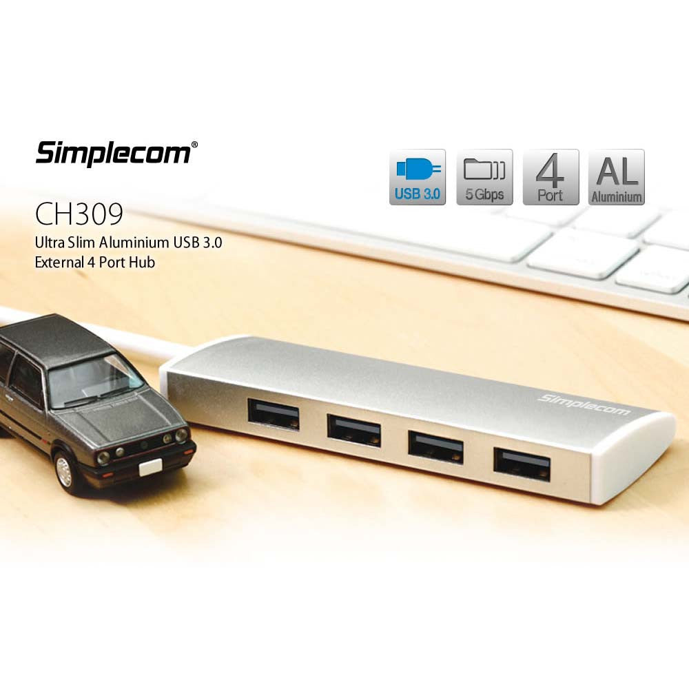 Simplecom CH309 Ultra Slim Aluminium USB 3.0 External 4 Port Hub for PC Mac Laptop Silver