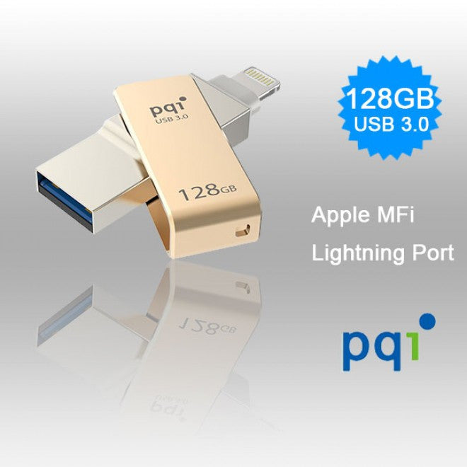 PQI iConnect Mini 6I04-128GR2001 Gold [Apple MFi] 128 GB Mobile Flash Drive w/ Lightning Connector for iPhones iPads Mac & PC USB 3.0 (6I04-128GR2001)