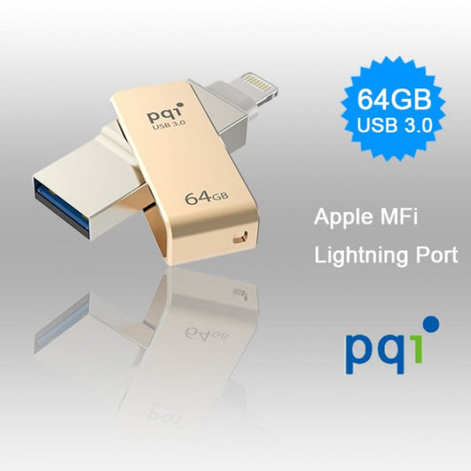 PQI iConnect Mini 6I04-064GR2001 Gold [Apple MFi] 64 GB Mobile Flash Drive w/ Lightning Connector for iPhones iPads Mac & PC USB 3.0 (6I04-064GR2001)