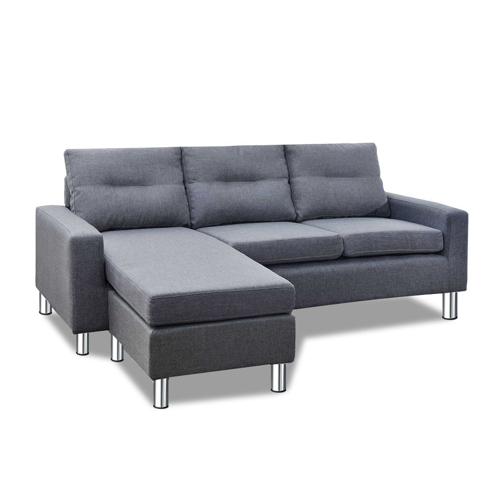 Four Seater Faux Linen Fabric Sofa with Ottoman Grey