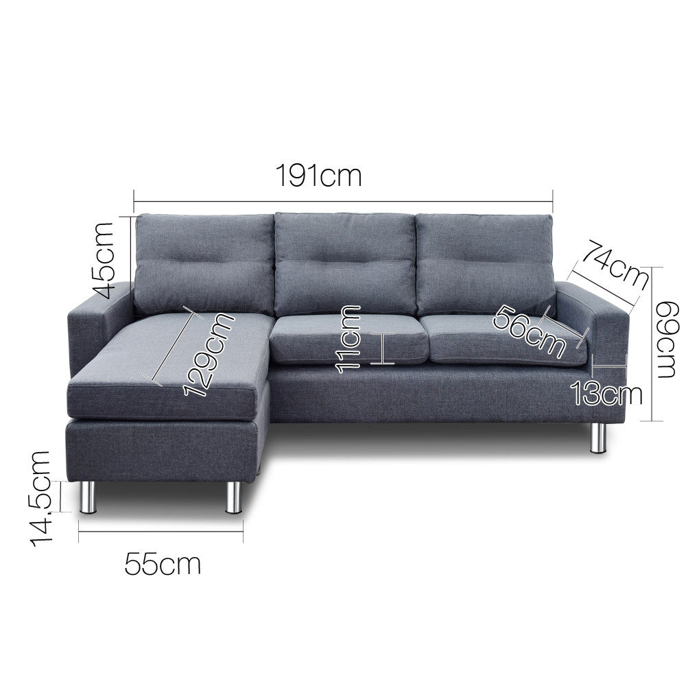 Four Seater Faux Linen Fabric Sofa with Ottoman Grey