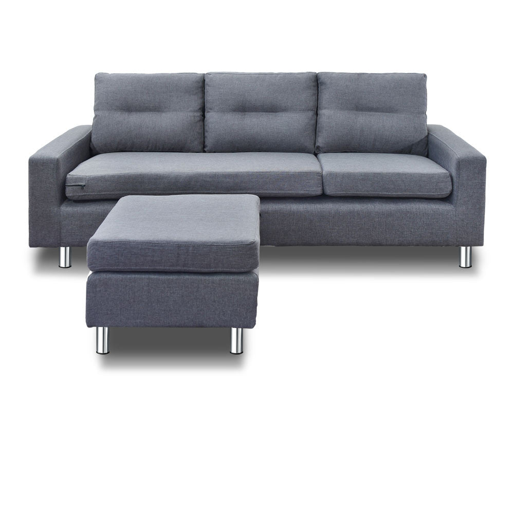 Four Seater Faux Linen Fabric Sofa with Ottoman Grey