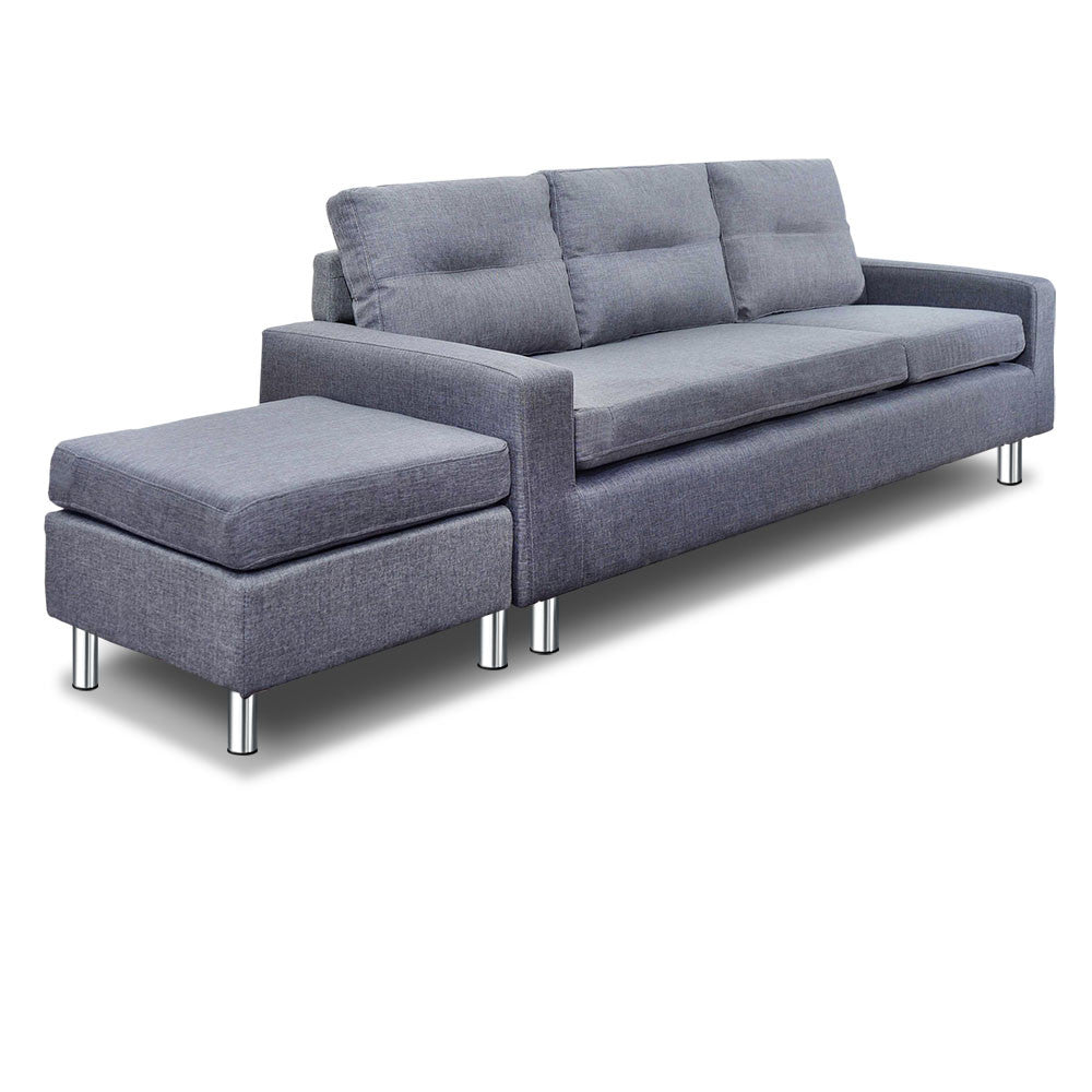 Four Seater Faux Linen Fabric Sofa with Ottoman Grey