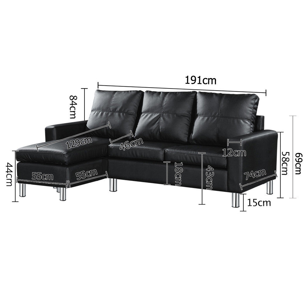 Four Seater Faux Leather Sofa with Ottoman Black