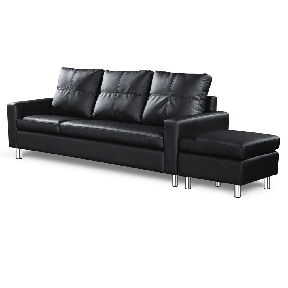 Four Seater Faux Leather Sofa with Ottoman Black