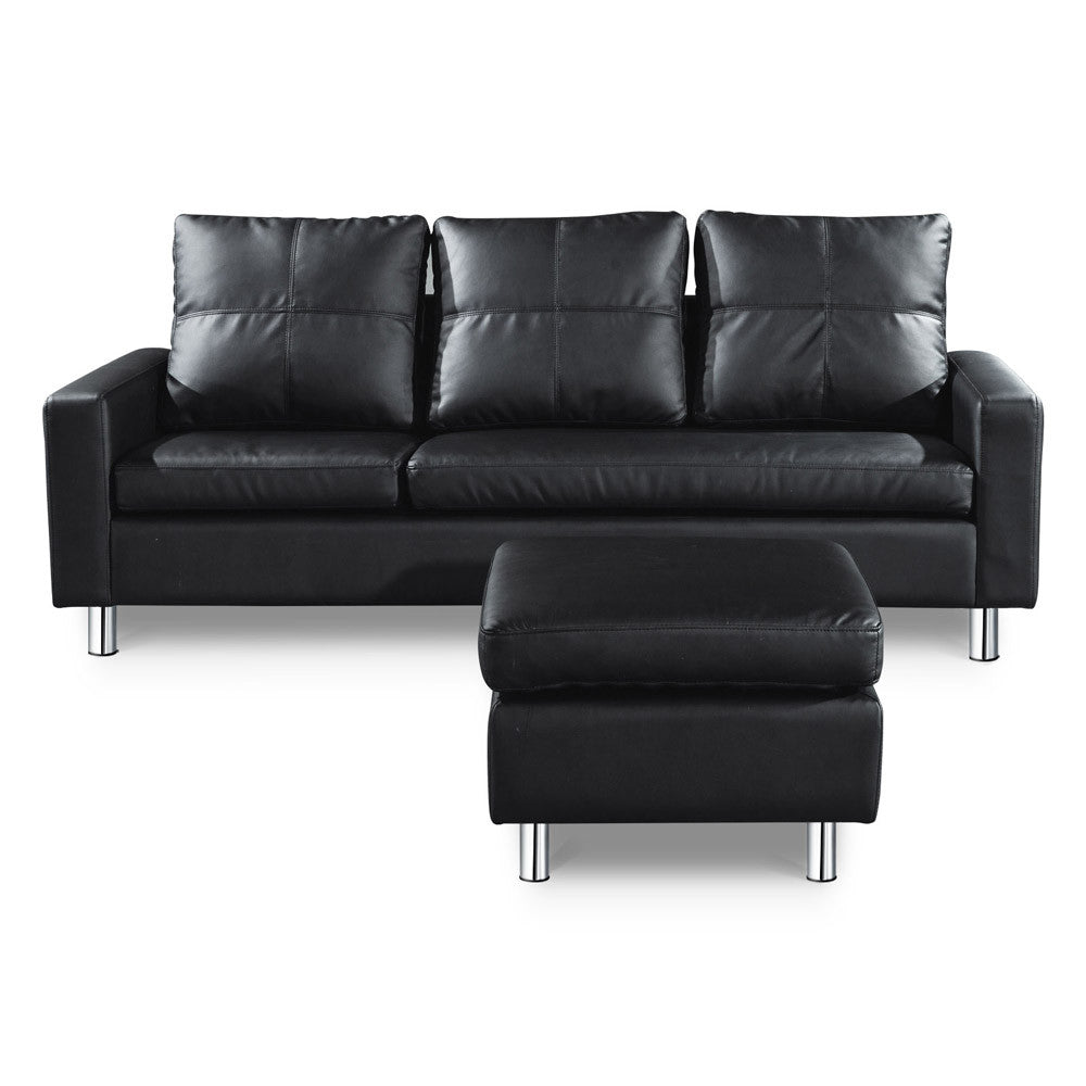 Four Seater Faux Leather Sofa with Ottoman Black