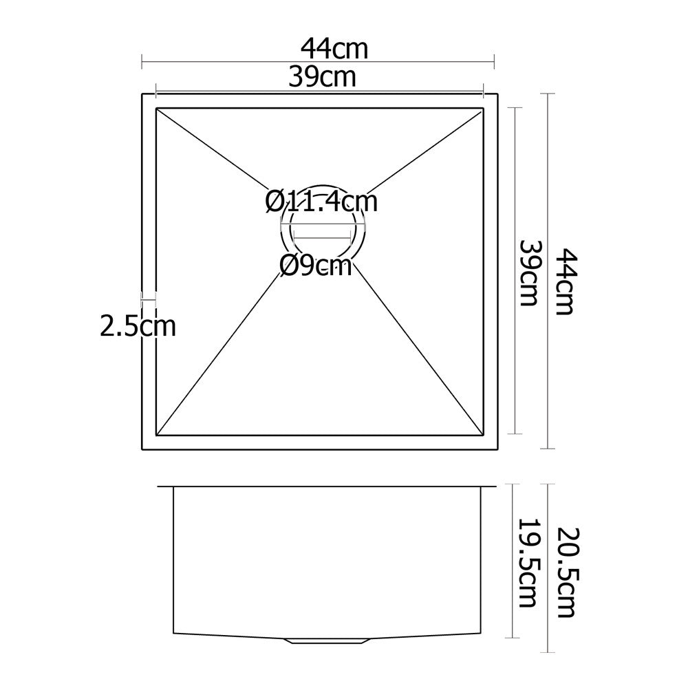 Stainless Steel Kitchen/Laundry Sink w/ Strainer Waste 440 x 440 mm