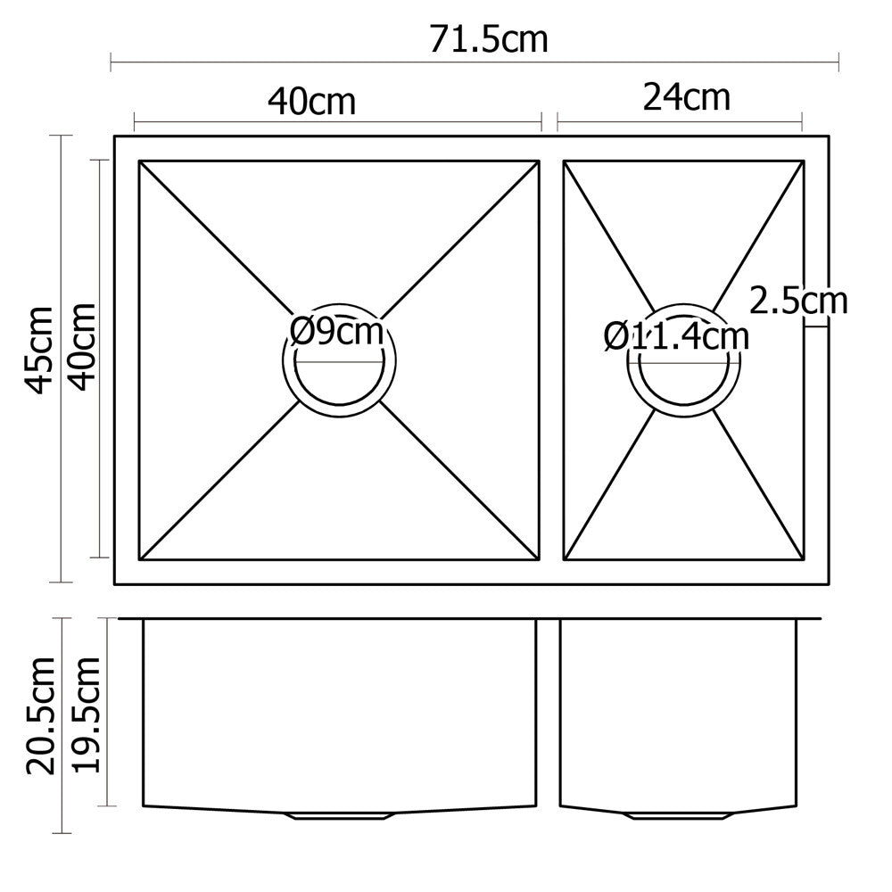 Stainless Steel Kitchen/Laundry Sink w/ Strainer Waste 715x450mm