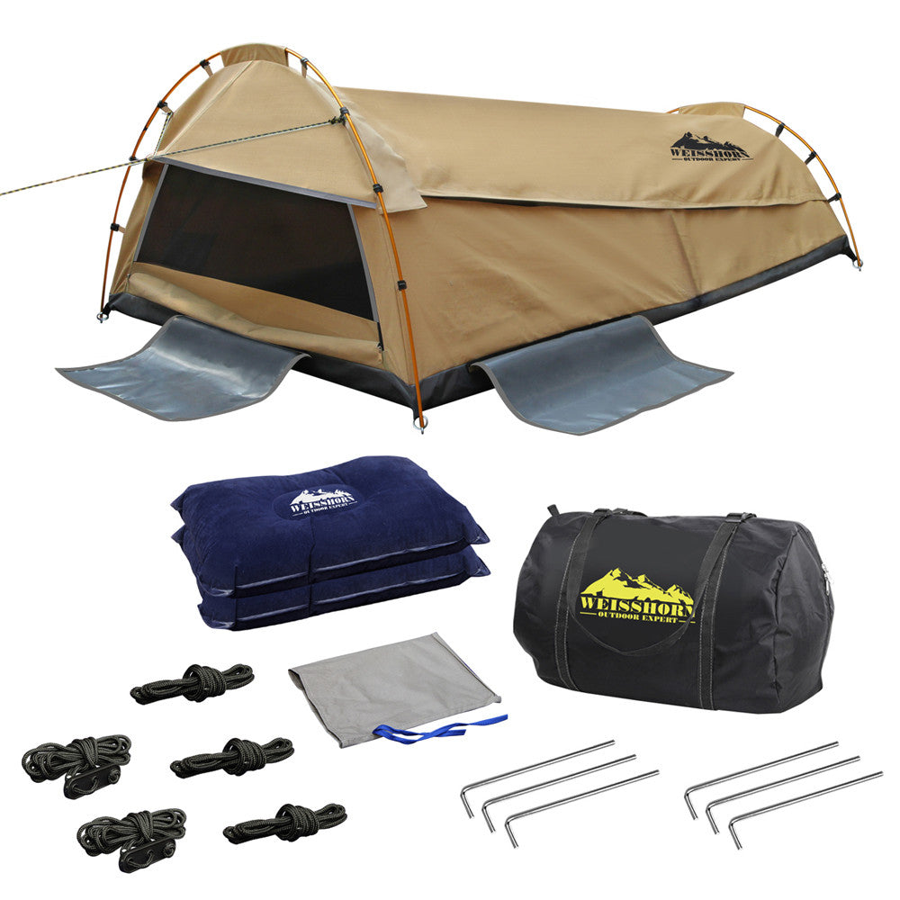 Double Camping Canvas Swag Tent Beige w/ Air Pillow