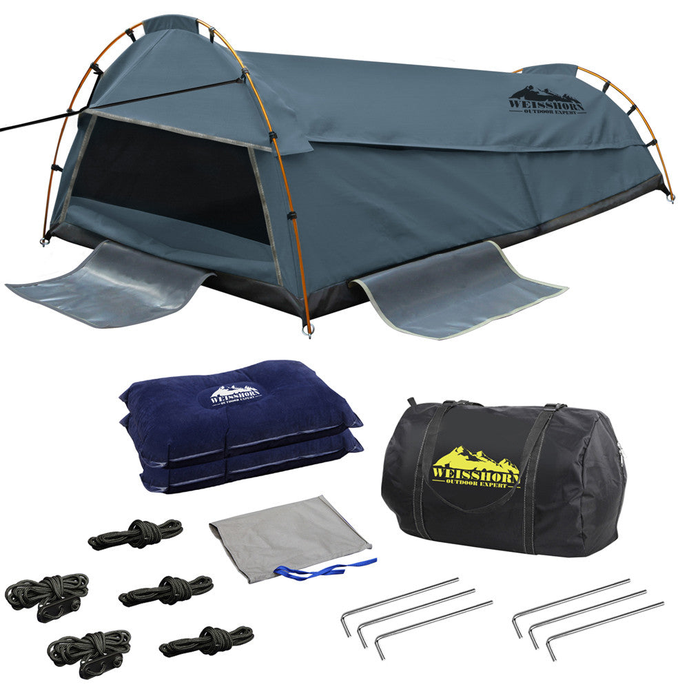 Double Canvas Camping Swag Tent Navy w/ Air Pillow