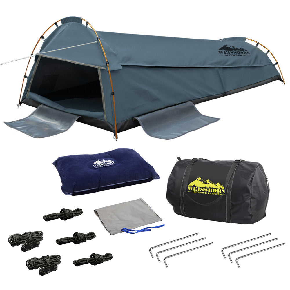 King Single Camping Canvas Swag Tent Navy w/ Air Pillow