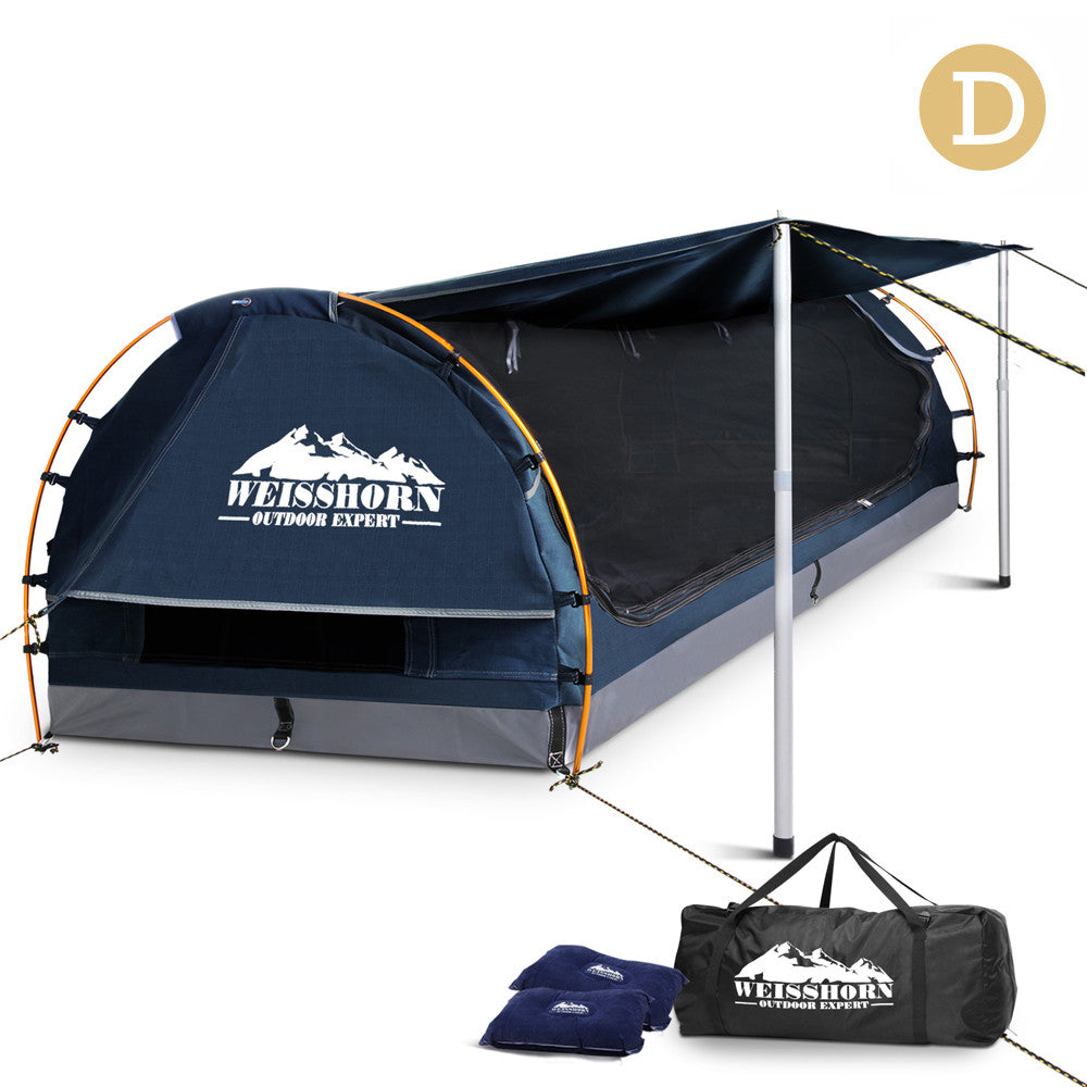 Double Camping Canvas Swag with Mattress and Air Pillow - Blue