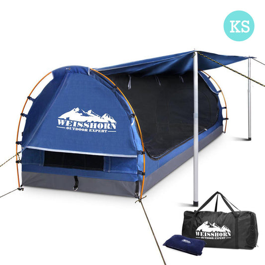 King Single Camping Canvas Swag with Mattress and Air Pillow - Blue