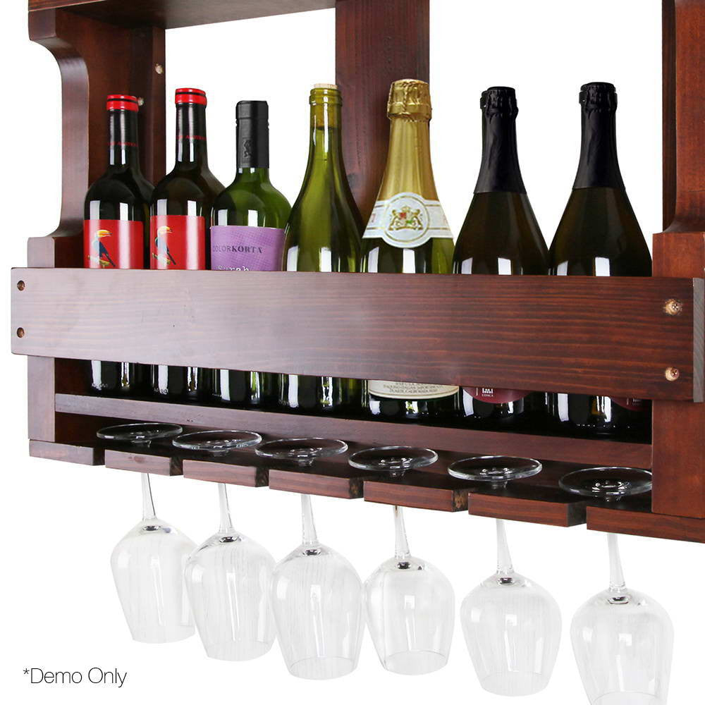 7 Bottle Wall Mounted Wine & Glass Rack - Brown