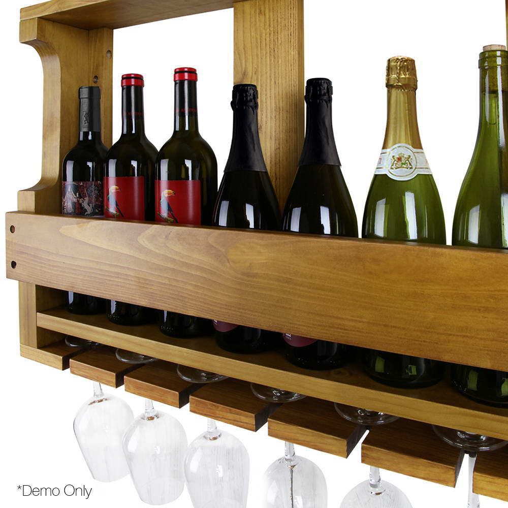 7 Bottle Wall Mounted Wine & Glass Rack - Natural